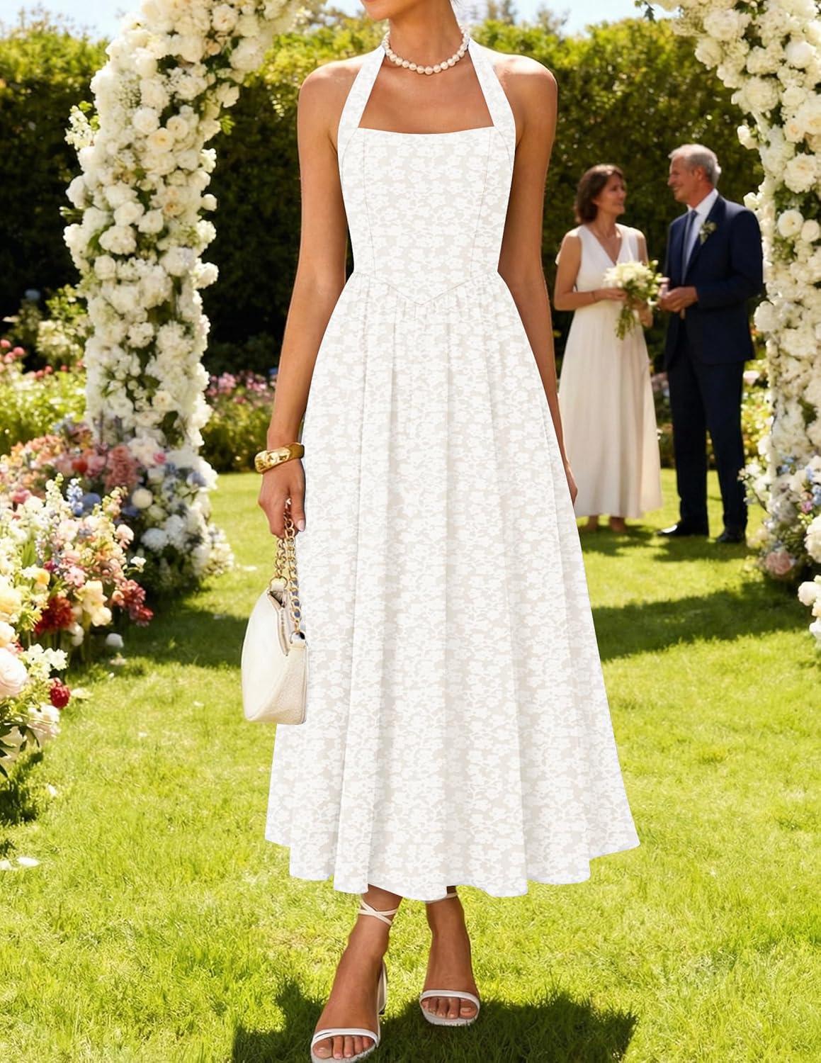 imageZESICA Womens Floral Halter Midi Dress 2026 Casual Elegant Sleeveless Flowy A Line Wedding Guest Cocktail DressesWhite