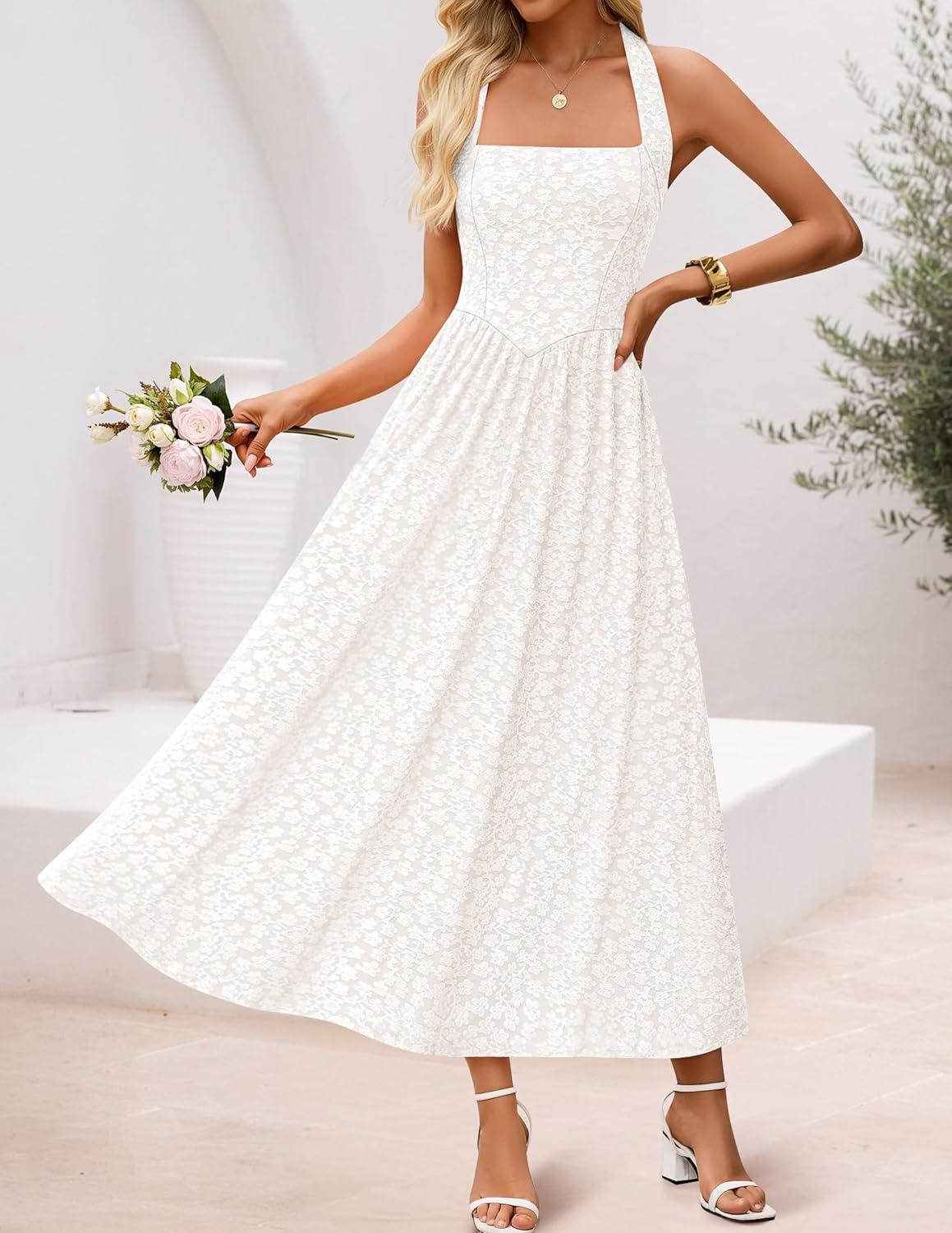 imageZESICA Womens Floral Halter Midi Dress 2026 Casual Elegant Sleeveless Flowy A Line Wedding Guest Cocktail DressesWhite