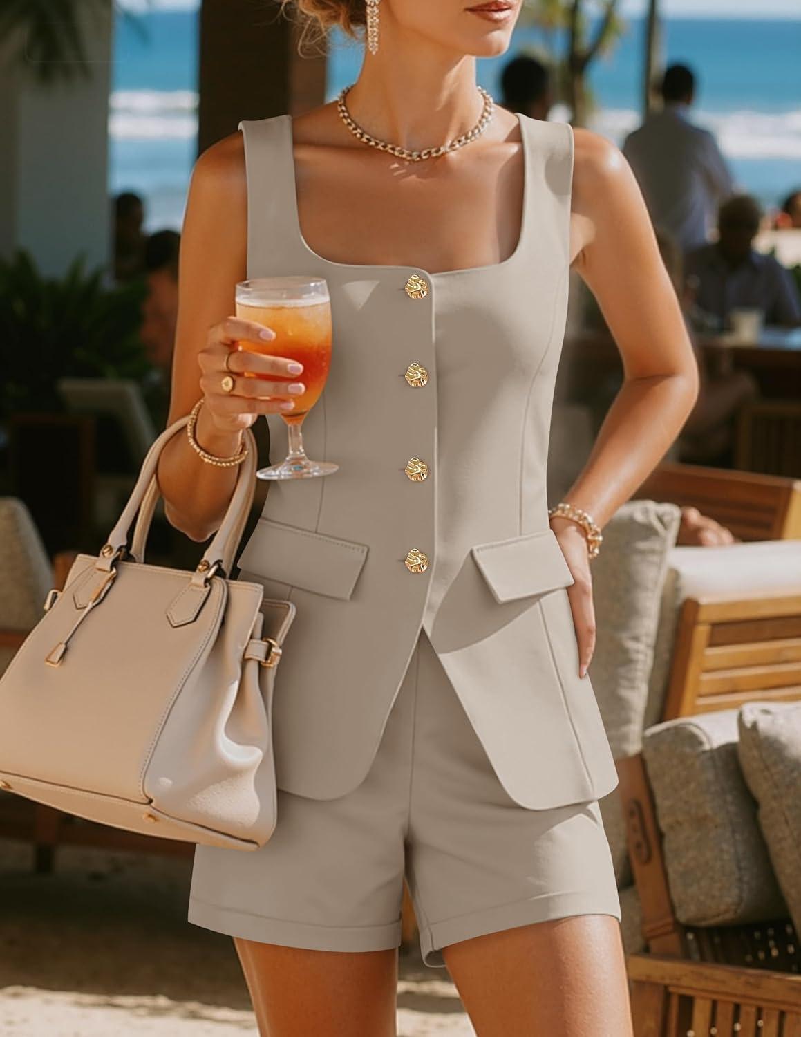 imageZESICA Womens Summer 2 Piece Short Sets 2026 Suit Vest Tops and Shorts Matching Set Business Casual OutfitsGreykhaki