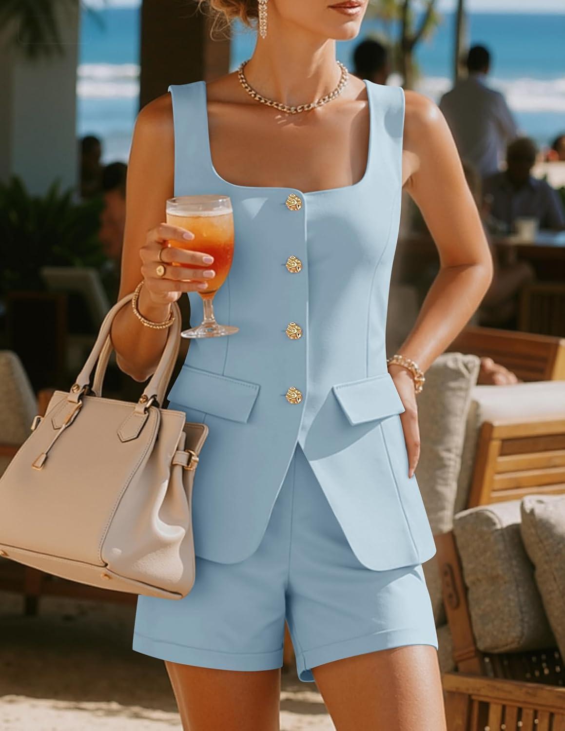imageZESICA Womens Summer 2 Piece Short Sets 2026 Suit Vest Tops and Shorts Matching Set Business Casual OutfitsLightblue