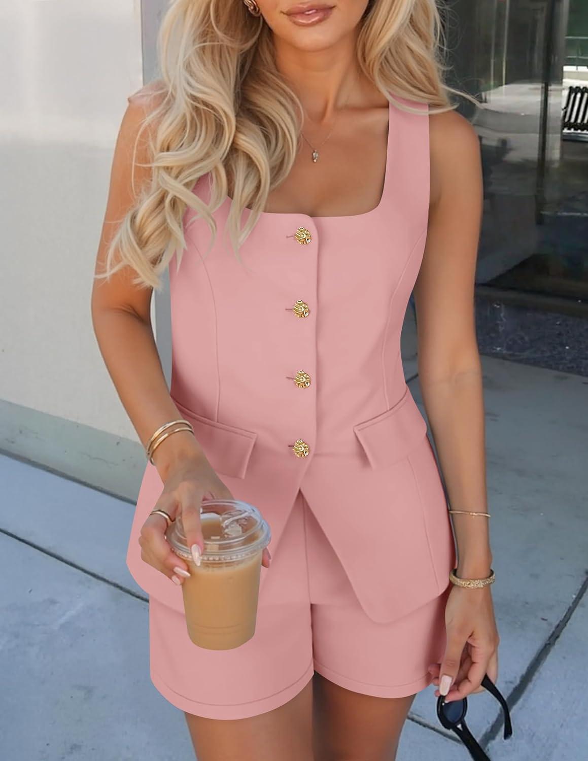 imageZESICA Womens Summer 2 Piece Short Sets 2026 Suit Vest Tops and Shorts Matching Set Business Casual OutfitsPink