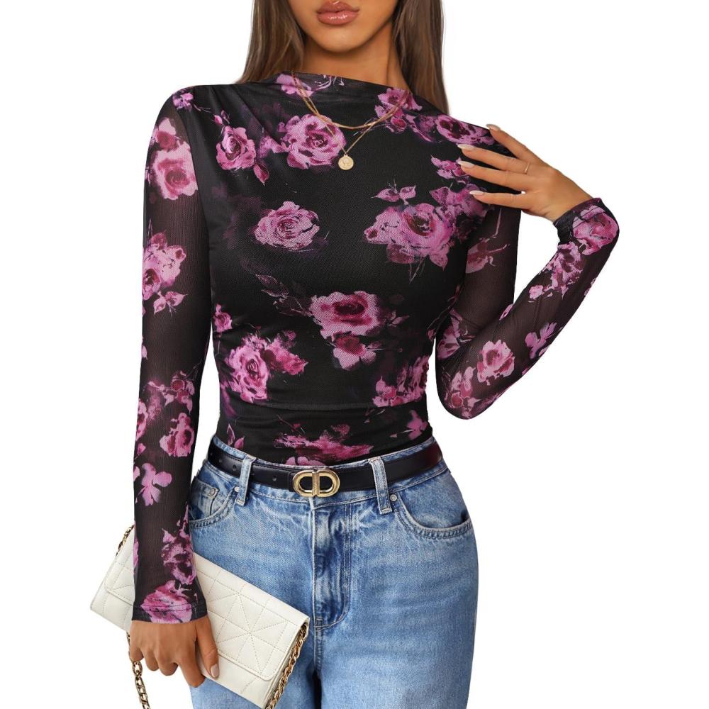imageZESICA Floral Long Sleeve Tops for Women Spring Mesh Mock Neck Ruched Fitted Shirts Going Out Blouses Trendy ClothesBlack