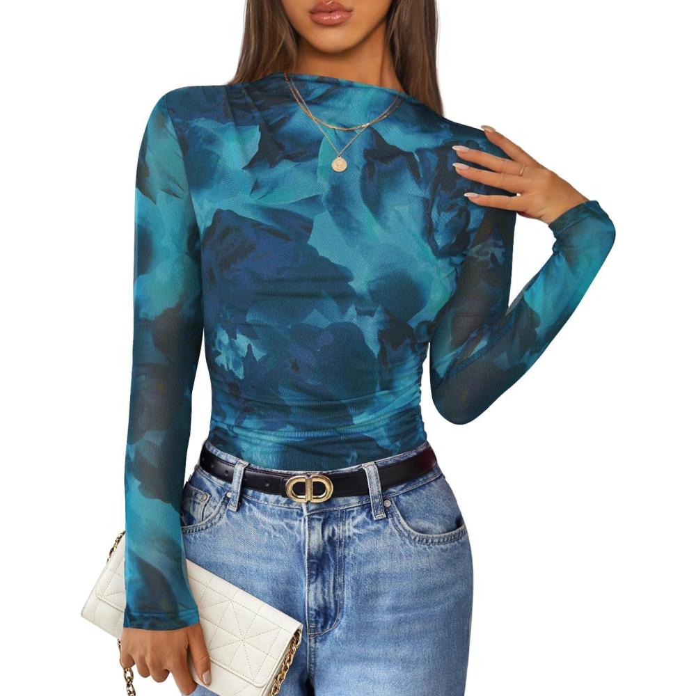 imageZESICA Floral Long Sleeve Tops for Women Spring Mesh Mock Neck Ruched Fitted Shirts Going Out Blouses Trendy ClothesBlue