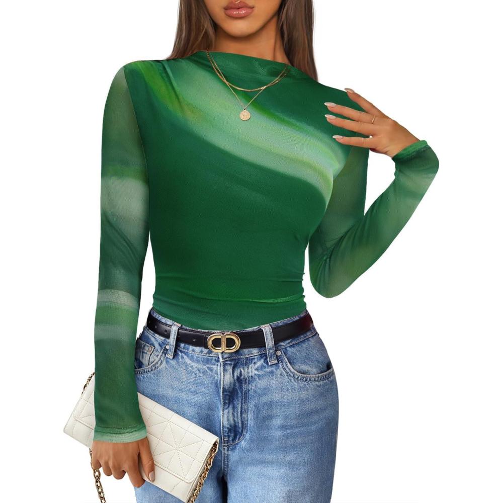 imageZESICA Floral Long Sleeve Tops for Women Spring Mesh Mock Neck Ruched Fitted Shirts Going Out Blouses Trendy ClothesDark Green