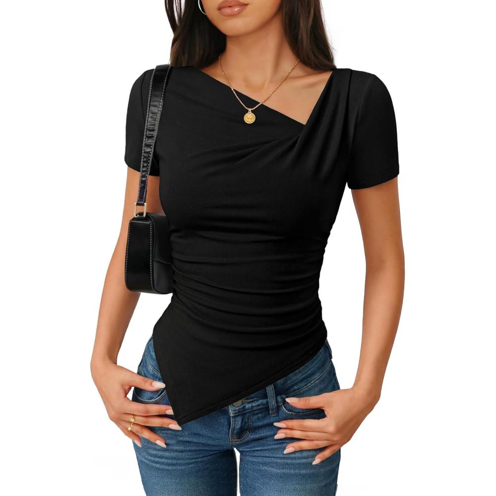imageZESICA Ribbed Short Sleeve Shirts for Women 2026 Summer Fashion Going Out Tops Asymmetrical Ruched Outfits Y2K ClothesBlack