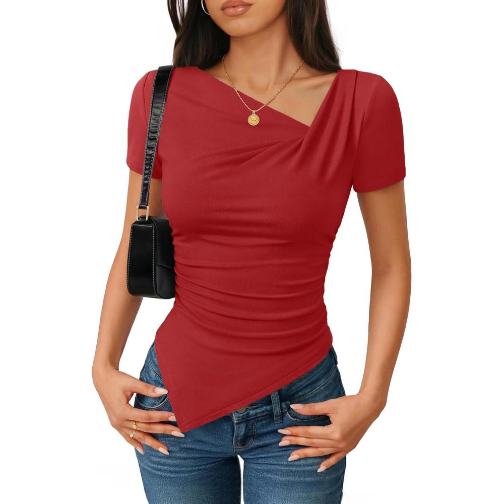 imageZESICA Ribbed Short Sleeve Shirts for Women 2026 Summer Fashion Going Out Tops Asymmetrical Ruched Outfits Y2K ClothesRed