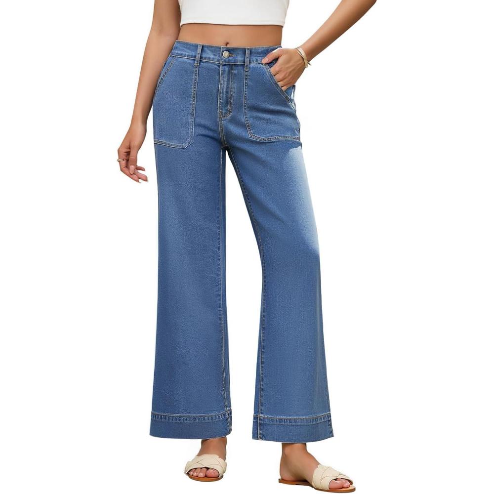 imageZESICA Wide Leg Jeans for Women Trendy High Waisted Strechy Loose Straight Denim Pants with PocketsBlue