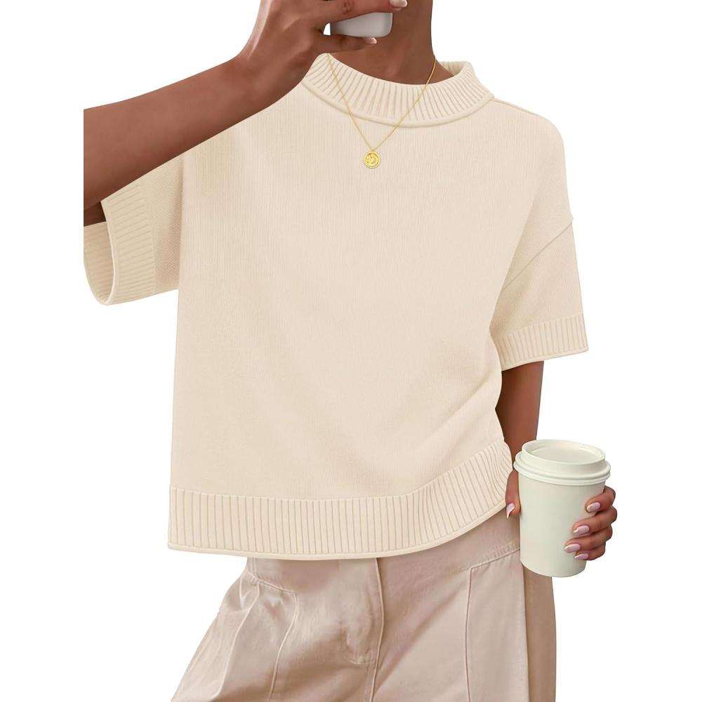 imageZESICA Womens Casual Short Sleeve Sweaters 2026 Summer Oversized Crewneck Soft Knit Cropped Tops Trendy OutfitsBeige