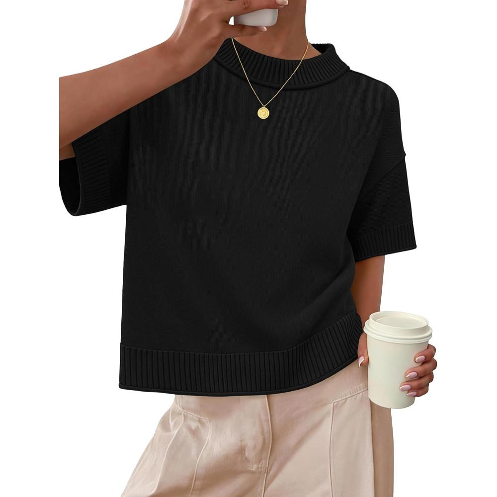 imageZESICA Womens Casual Short Sleeve Sweaters 2026 Summer Oversized Crewneck Soft Knit Cropped Tops Trendy OutfitsBlack