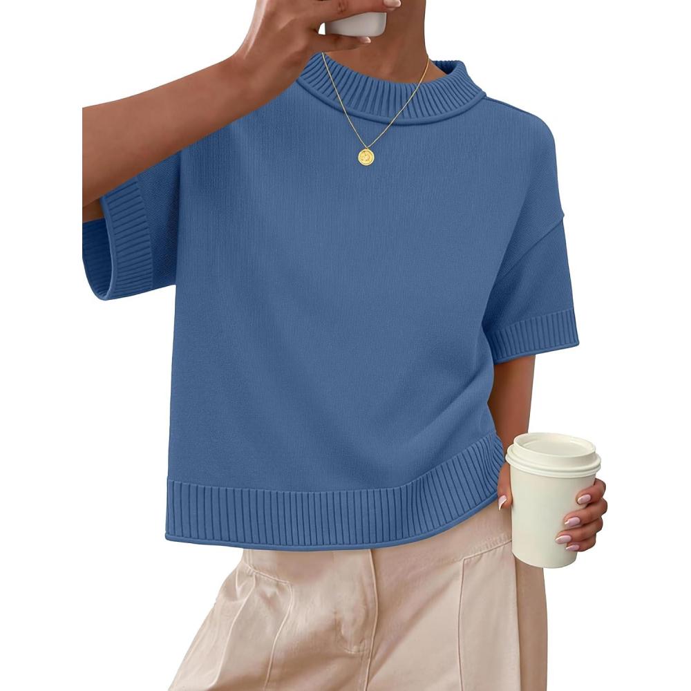 imageZESICA Womens Casual Short Sleeve Sweaters 2026 Summer Oversized Crewneck Soft Knit Cropped Tops Trendy OutfitsDustyblue