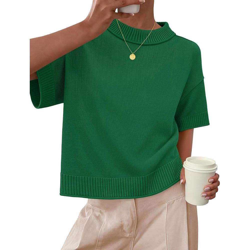 imageZESICA Womens Casual Short Sleeve Sweaters 2026 Summer Oversized Crewneck Soft Knit Cropped Tops Trendy OutfitsGreen