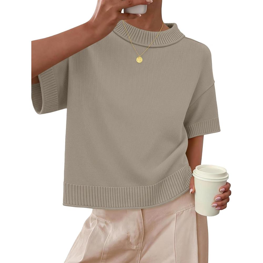 imageZESICA Womens Casual Short Sleeve Sweaters 2026 Summer Oversized Crewneck Soft Knit Cropped Tops Trendy OutfitsKhaki