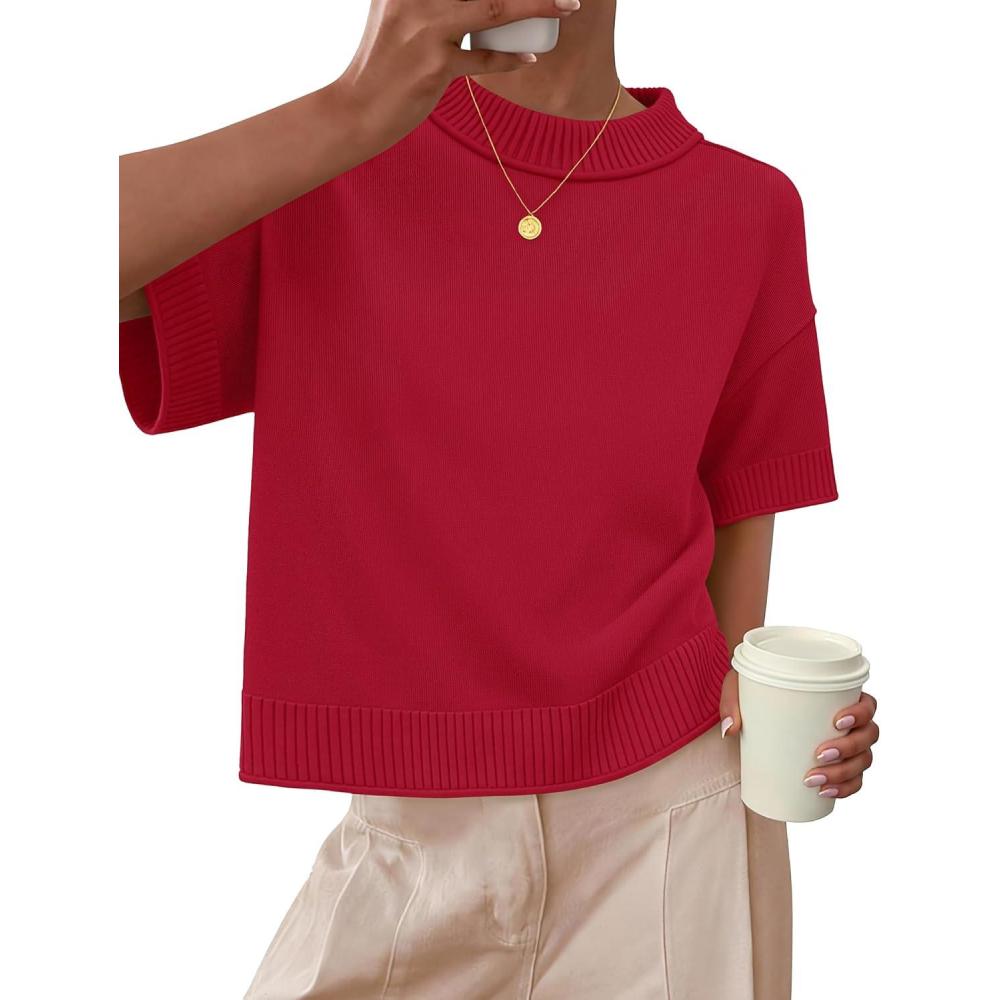 imageZESICA Womens Casual Short Sleeve Sweaters 2026 Summer Oversized Crewneck Soft Knit Cropped Tops Trendy OutfitsRed