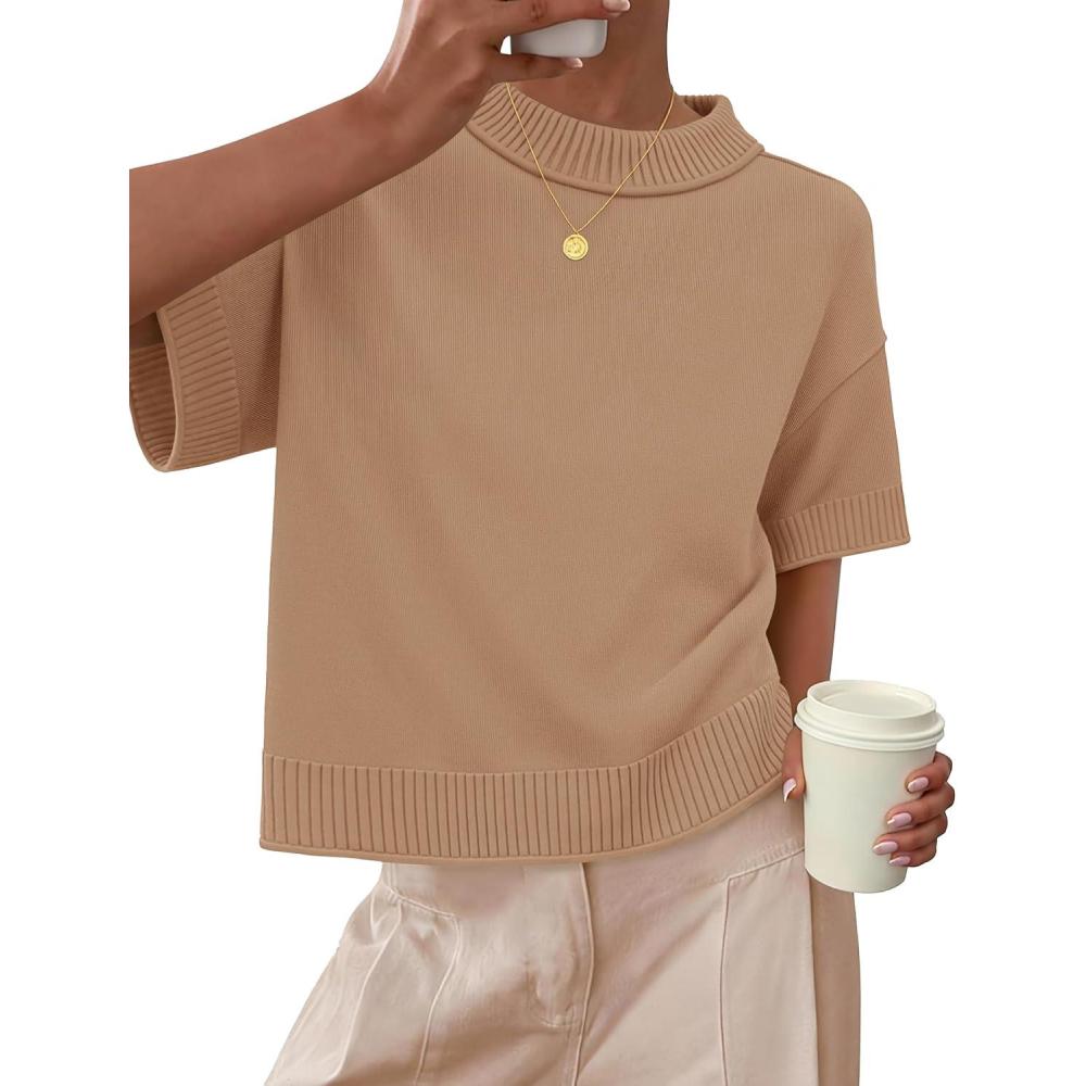 imageZESICA Womens Casual Short Sleeve Sweaters 2026 Summer Oversized Crewneck Soft Knit Cropped Tops Trendy OutfitsToffee