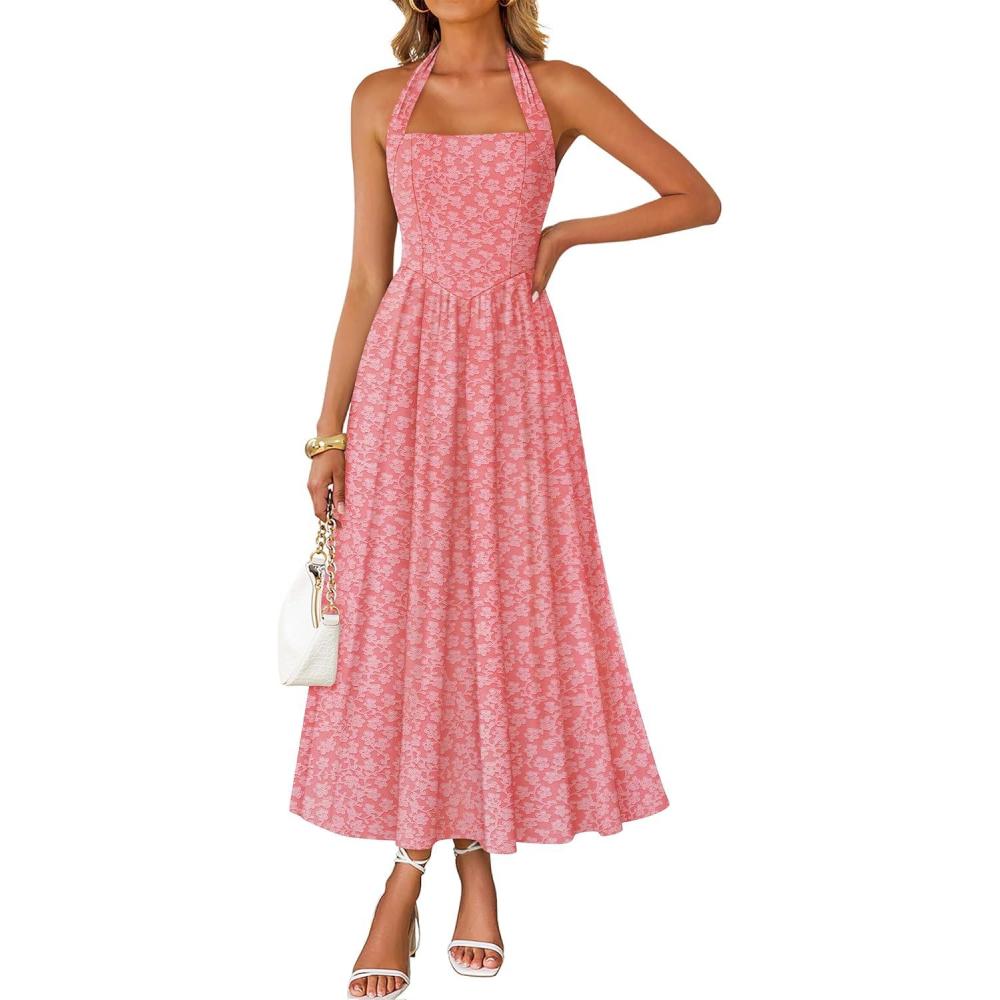 imageZESICA Womens Floral Halter Midi Dress 2026 Casual Elegant Sleeveless Flowy A Line Wedding Guest Cocktail DressesPink