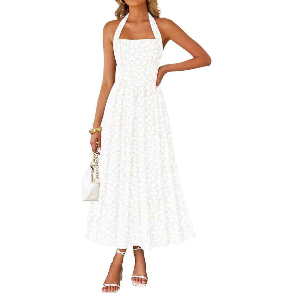 imageZESICA Womens Floral Halter Midi Dress 2026 Casual Elegant Sleeveless Flowy A Line Wedding Guest Cocktail DressesWhite