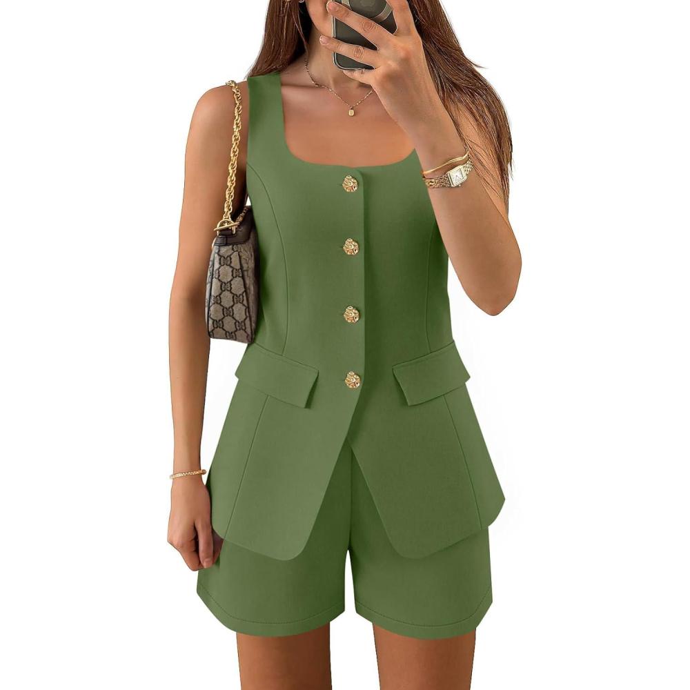 imageZESICA Womens Summer 2 Piece Short Sets 2026 Suit Vest Tops and Shorts Matching Set Business Casual OutfitsGreen