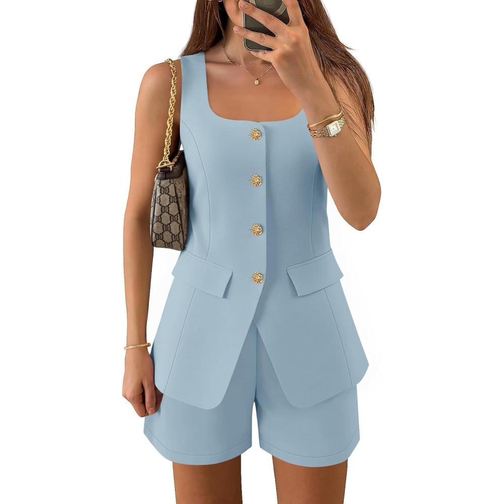 imageZESICA Womens Summer 2 Piece Short Sets 2026 Suit Vest Tops and Shorts Matching Set Business Casual OutfitsLightblue