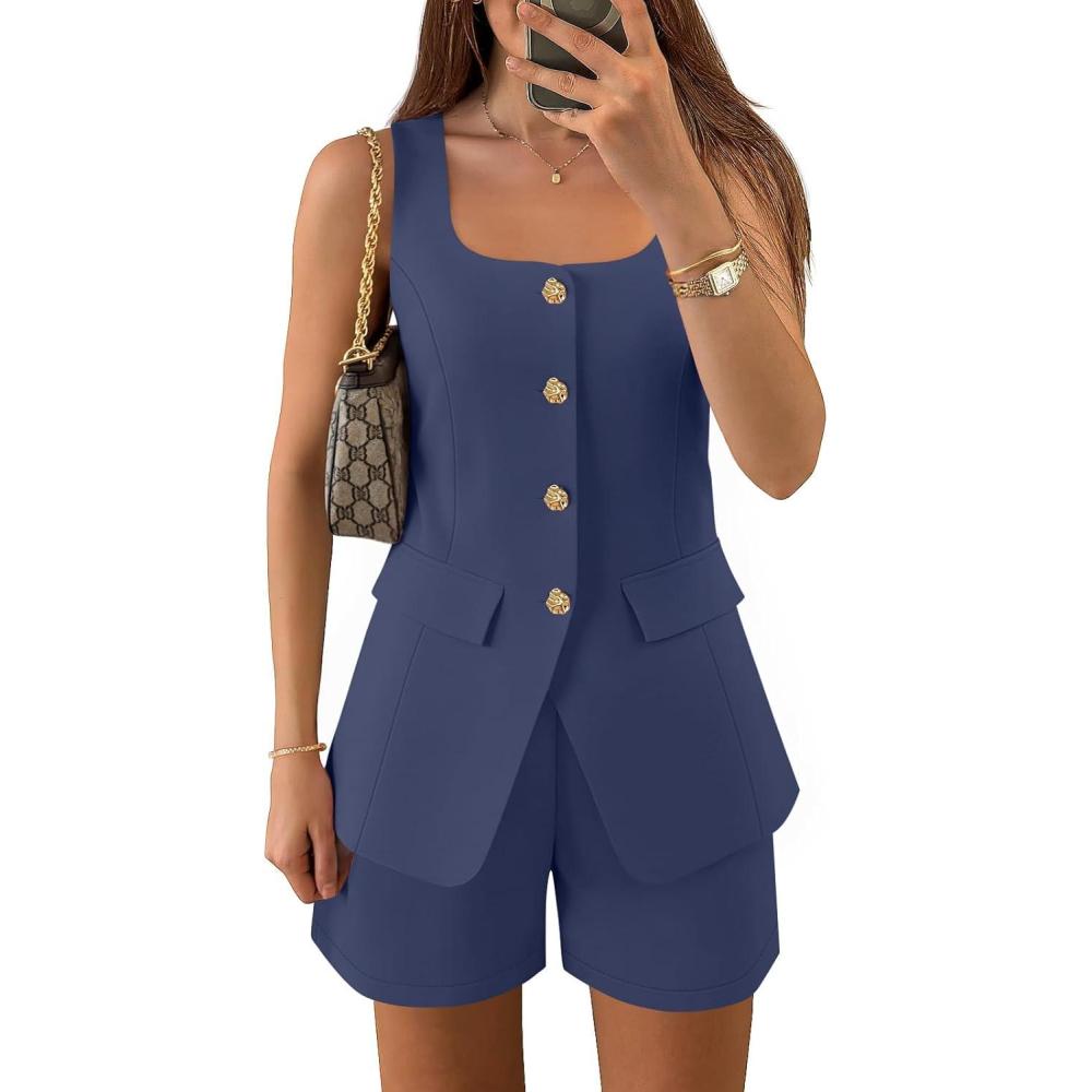 imageZESICA Womens Summer 2 Piece Short Sets 2026 Suit Vest Tops and Shorts Matching Set Business Casual OutfitsNavy
