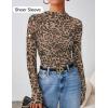 imageZESICA Floral Long Sleeve Tops for Women Spring Mesh Mock Neck Ruched Fitted Shirts Going Out Blouses Trendy ClothesLeopard Brown