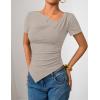 imageZESICA Ribbed Short Sleeve Shirts for Women 2026 Summer Fashion Going Out Tops Asymmetrical Ruched Outfits Y2K ClothesSand