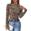 imageZESICA Floral Long Sleeve Tops for Women Spring Mesh Mock Neck Ruched Fitted Shirts Going Out Blouses Trendy ClothesLeopard Brown