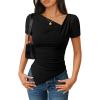imageZESICA Ribbed Short Sleeve Shirts for Women 2026 Summer Fashion Going Out Tops Asymmetrical Ruched Outfits Y2K ClothesBlack