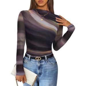 imageZESICA Floral Long Sleeve Tops for Women Spring Mesh Mock Neck Ruched Fitted Shirts Going Out Blouses Trendy ClothesDark Purple