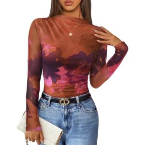 imageZESICA Floral Long Sleeve Tops for Women Spring Mesh Mock Neck Ruched Fitted Shirts Going Out Blouses Trendy ClothesPurple