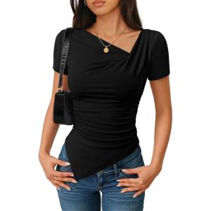 imageZESICA Ribbed Short Sleeve Shirts for Women 2026 Summer Fashion Going Out Tops Asymmetrical Ruched Outfits Y2K ClothesBlack