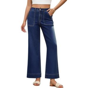 imageZESICA Wide Leg Jeans for Women Trendy High Waisted Strechy Loose Straight Denim Pants with PocketsDarkblue