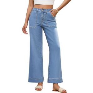 imageZESICA Wide Leg Jeans for Women Trendy High Waisted Strechy Loose Straight Denim Pants with PocketsSkyblue