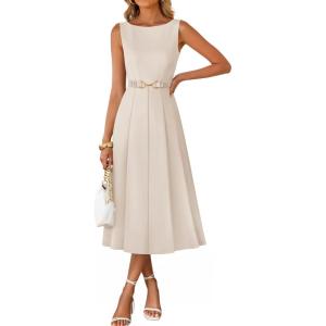 imageZESICA Women Summer Sleeveless Midi Dresses 2026 Elegant Boat Neck A Line Tie Waist Spring Cocktail Party DressApricot
