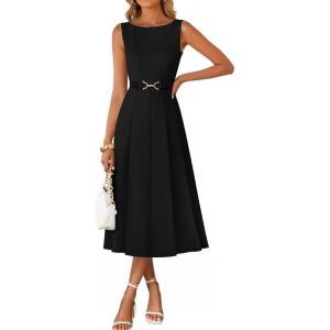 imageZESICA Women Summer Sleeveless Midi Dresses 2026 Elegant Boat Neck A Line Tie Waist Spring Cocktail Party DressBlack