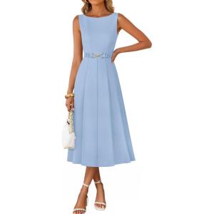 imageZESICA Women Summer Sleeveless Midi Dresses 2026 Elegant Boat Neck A Line Tie Waist Spring Cocktail Party DressBlue