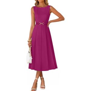 imageZESICA Women Summer Sleeveless Midi Dresses 2026 Elegant Boat Neck A Line Tie Waist Spring Cocktail Party DressFuchsia