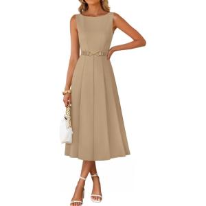 imageZESICA Women Summer Sleeveless Midi Dresses 2026 Elegant Boat Neck A Line Tie Waist Spring Cocktail Party DressKhaki