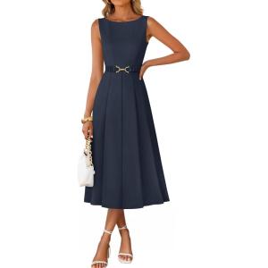 imageZESICA Women Summer Sleeveless Midi Dresses 2026 Elegant Boat Neck A Line Tie Waist Spring Cocktail Party DressNavy