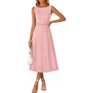 imageZESICA Women Summer Sleeveless Midi Dresses 2026 Elegant Boat Neck A Line Tie Waist Spring Cocktail Party DressPink