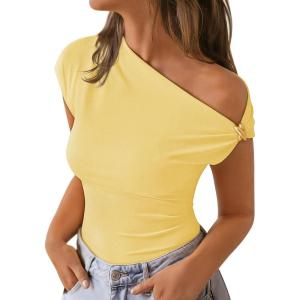 imageZESICA Womens 2026 Summer Off Shoulder Tops Going Out Sexy Y2k Shirts Spring Cap Sleeve Ruched Asymmetrical BlousesButter Yellow
