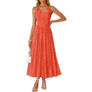 imageZESICA Womens Floral Halter Midi Dress 2026 Casual Elegant Sleeveless Flowy A Line Wedding Guest Cocktail DressesOrangered