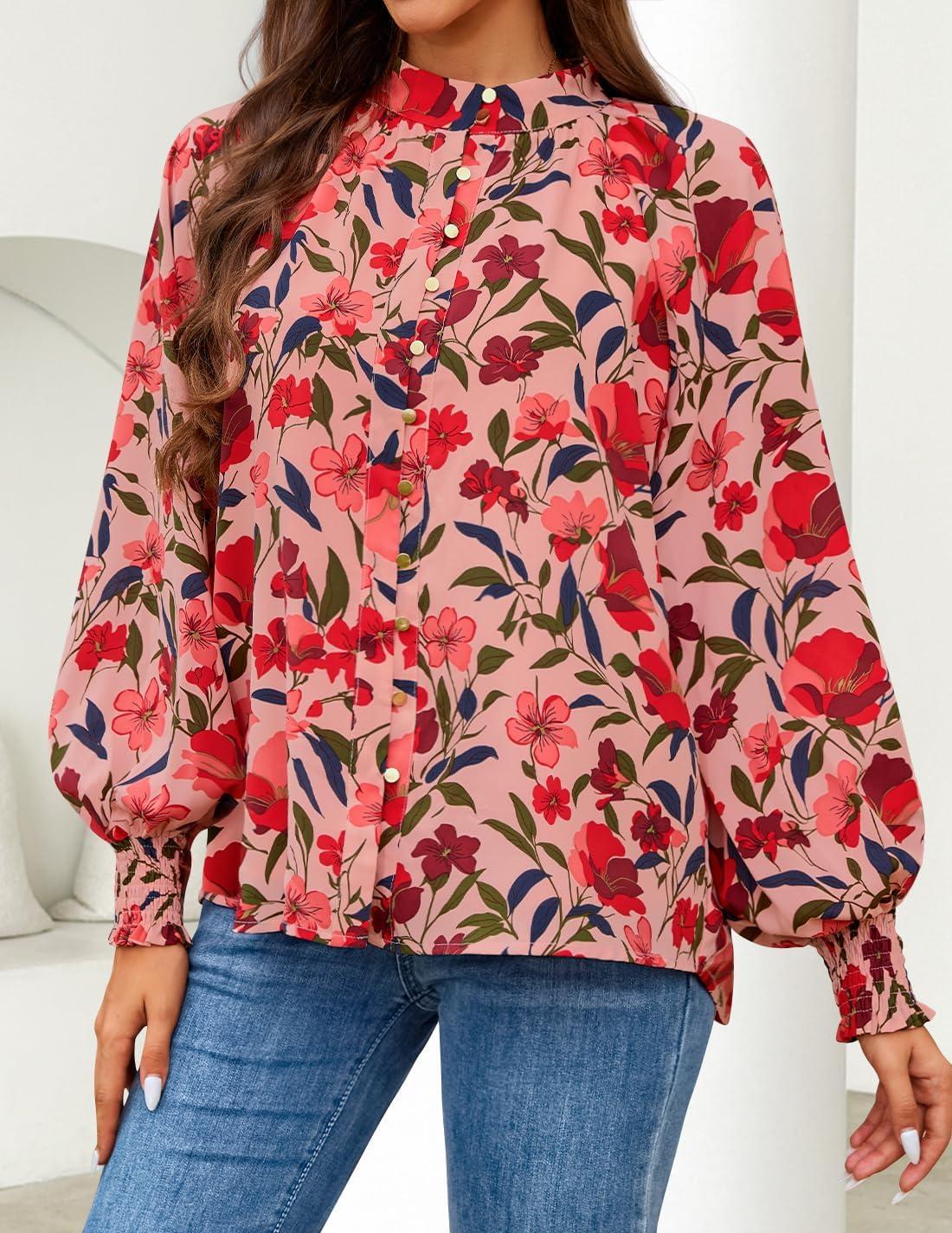 imageZESICA Womens Floral Print Blouse 2025 Long Sleeve Button Down Casual Fall Boho Oversized Tops ShirtsVintage Pink