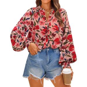 imageZESICA Womens Floral Print Blouse 2025 Long Sleeve Button Down Casual Fall Boho Oversized Tops ShirtsVintage Pink