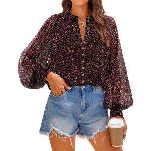 imageZESICA Womens Floral Print Blouse 2025 Long Sleeve Button Down Casual Fall Boho Oversized Tops ShirtsWine Red