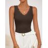 imageZESICA Womens 2026 Summer V Neck Tank Tops Spring Sleeveless Lace Trim Ribbed Knit Casual Going Out Cami ShirtsCoffee