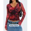 imageZESICA Womens Floral Mesh Long Sleeve Tops 2026 Fall Cowl Neck Slim Fit Going Out Y2k Shirts Trendy Date Night OutfitsRed