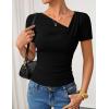 imageZESICA Womens Short Sleeve Asymmetrical Neck Ruched Slim Fit T Shirts 2026 Summer Casul Trendy Clothes Y2K Going Out TopsBlack
