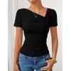 imageZESICA Womens Short Sleeve Asymmetrical Neck Ruched Slim Fit T Shirts 2026 Summer Casul Trendy Clothes Y2K Going Out TopsBlack