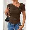 imageZESICA Womens Short Sleeve Asymmetrical Neck Ruched Slim Fit T Shirts 2026 Summer Casul Trendy Clothes Y2K Going Out TopsCoffee
