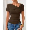 imageZESICA Womens Short Sleeve Asymmetrical Neck Ruched Slim Fit T Shirts 2026 Summer Casul Trendy Clothes Y2K Going Out TopsCoffee